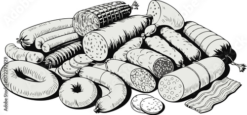Vector art of a pile of various sausages and cured meats isolated on transparent background