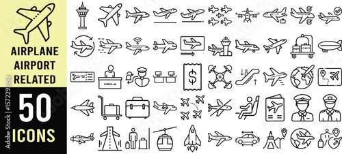 Comprehensive Airplane and Airport Icon Set: Travel, Flight, and Aviation Symbols