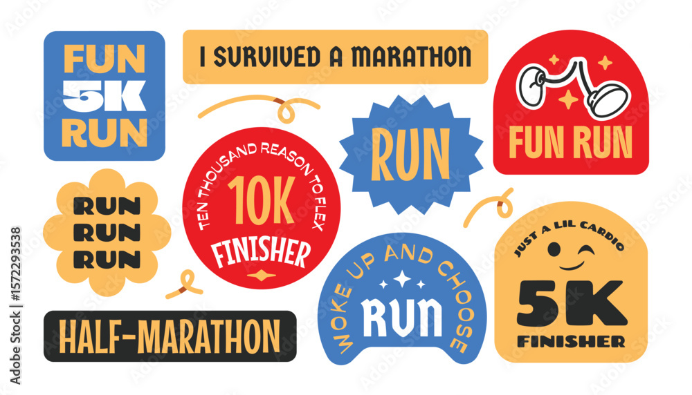 Naklejka premium Fun run marathon event stickers, patch, badges. Groovy running logos with quote.