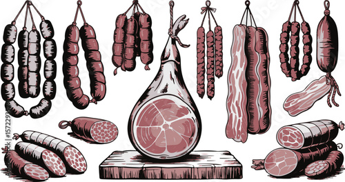 Vector art of a collection of cured sausages, ham, and bacon isolated on transparent background