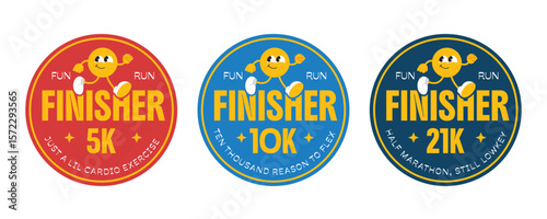 Fun run marathon 5k, 10k, 21k finisher medals stickers, badges, patchs in flat design style.