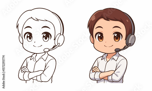 Man customer service operator support coloring page for kids