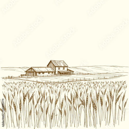 
Sketch of a Farmhouse Surrounded by a Wheat Field, Representing Rural Serenity and Agriculture