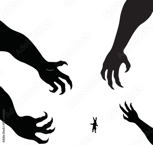 Silhouette of menacing hands reaching towards a tiny, vulnerable rabbit, creating a sense of threat.
