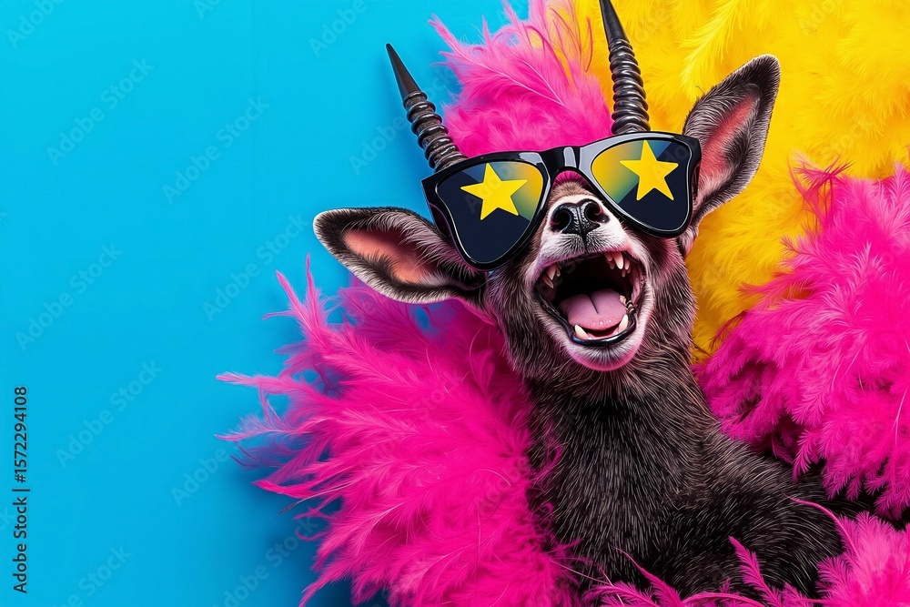 A goat wearing sunglasses and a pink feather boa on a blue background A goat wearing sunglasses and a pink feather boa on a blue background