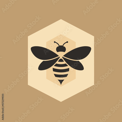 A black silhouette of a bee is centered on an inner tan hexagon against a tan backdrop