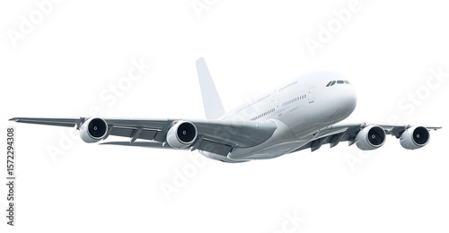 Low Angle Front Perspective of White Airplane Airbus A380 Double Decker Aircraft in Takeoff Climb with Four Powerful Jet Engines and Full-Length Cabin Isolated on a Transparent Background