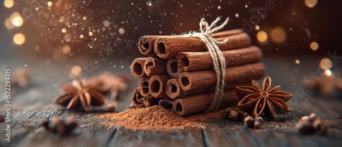 Cinnamon sticks and spices on dark wood with warm blurred background