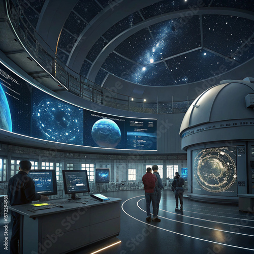 Futuristic astronomy observatory control room with large screens displaying celestial bodies and star maps with people observing the data