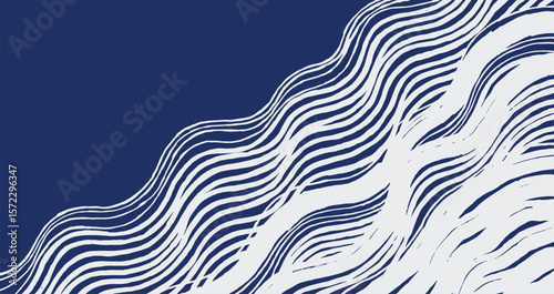 Abstract hand drawn wave background featuring organic flowing brush lines on a blue and white canvas. Natural imperfections add a calming, artistic feel