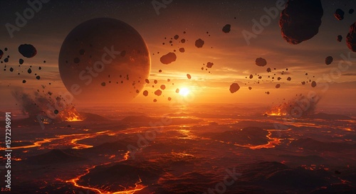 Fiery Volcanic Planet  Sunset and Asteroid Shower Digital Art