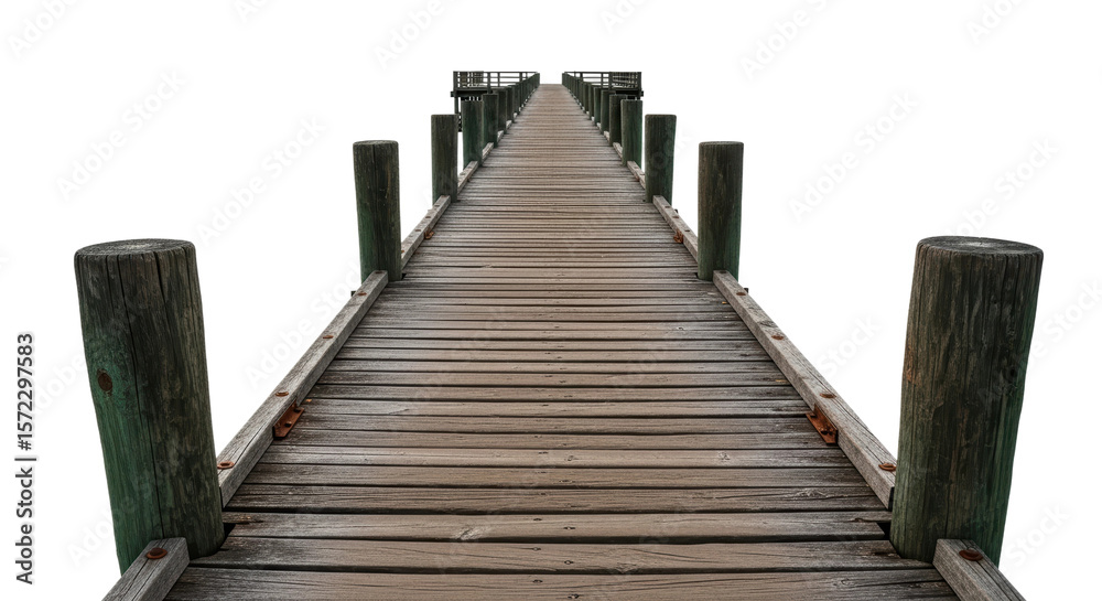 Fototapeta premium A long, weathered wooden pier stretches into the horizon, featuring sturdy posts along its sides. Ideal for concepts of journey, connection, or escape.