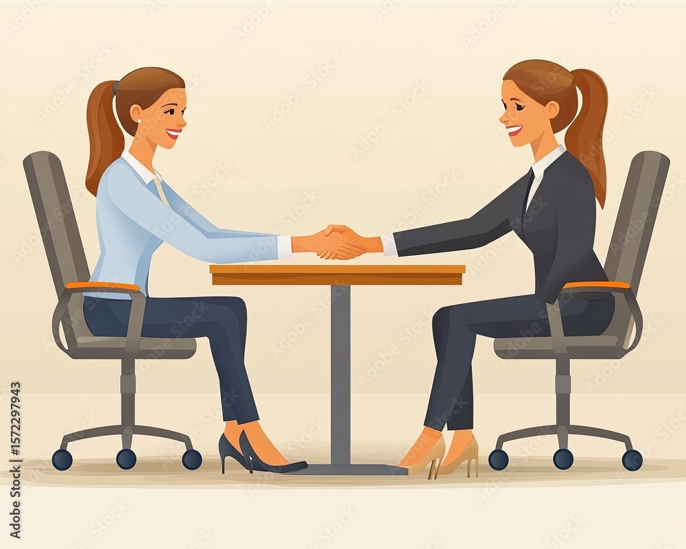 Obraz premium Two women in business attire shake hands over the table. Use to depict agreement, business, or deal between companies.