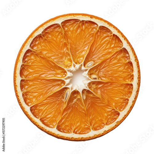Close up of a vibrant orange dried citrus fruit slice, perfect for natural decoration, food garnish, or aromatic purposes.