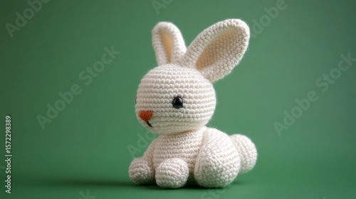 Adorable crocheted bunny rabbit toy on green background.
