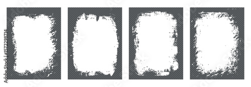 Halftone grunge frames set. Border templates with rough dots. Ink and paint decoration design. Retro texture poster mockup overlay. Vector illustration isolated on transparent background.