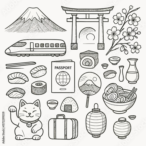 Hand-drawn sketch collection of Japanese culture icons, including food, transportation, landmarks, and symbols.