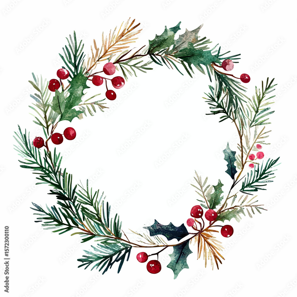 Naklejka premium Hand painted watercolor Christmas wreath with pine branches holly leaves and red berries festive holiday decoration frame illustration on white background