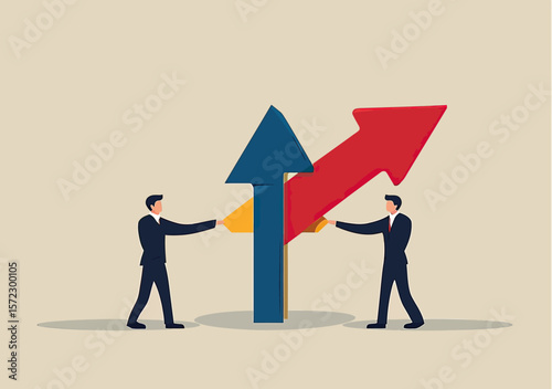Business people pushing and aligning blue and red upward arrows symbolizing growth teamwork success and progress in flat vector style illustration