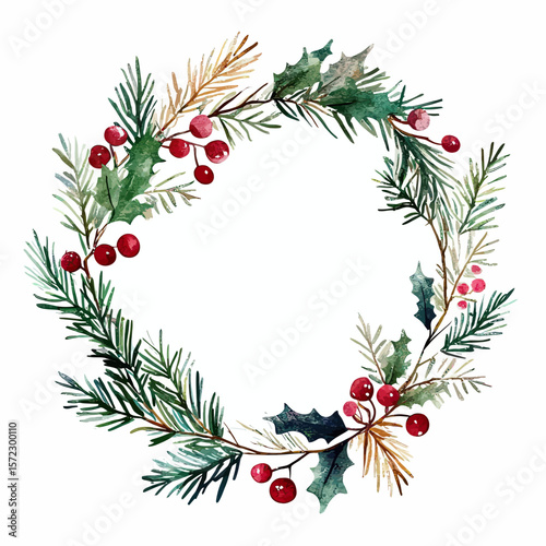 Hand painted watercolor Christmas wreath with pine branches holly leaves and red berries festive holiday decoration frame illustration on white background
