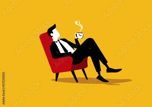 Businessman relaxing in modern red armchair drinking coffee taking a break minimal flat vector illustration on yellow background