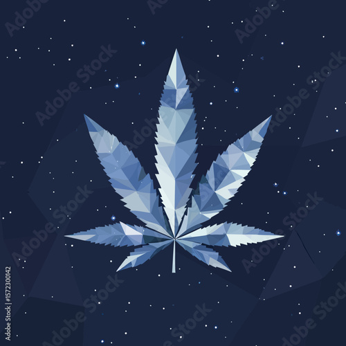 Polygonal low poly blue marijuana leaf with starry space background abstract vector illustration digital art design with geometric facets and minimalist style