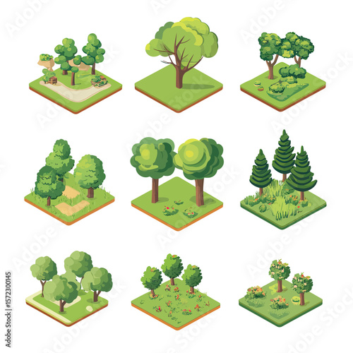 Isometric vector nature tiles featuring diverse tree types, green grass, bushes, flowers, and shrubs in flat minimalist style for landscape design and environmental concepts