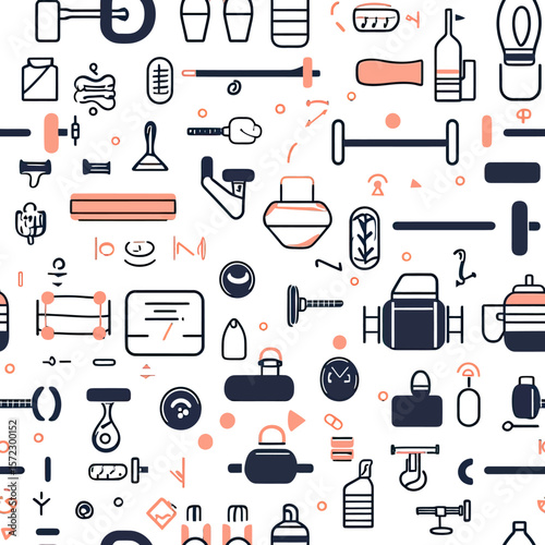 Seamless fitness equipment pattern with kettlebells dumbbells jump ropes yoga mats bottles and scales flat minimal style background vector illustration