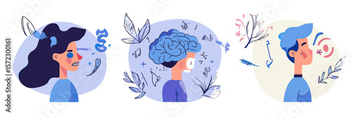 Set of three flat minimalist illustrations showing women facing psychological challenges with brain, stress symbols, and emotional strain concepts for mental health awareness and psychotherapy support