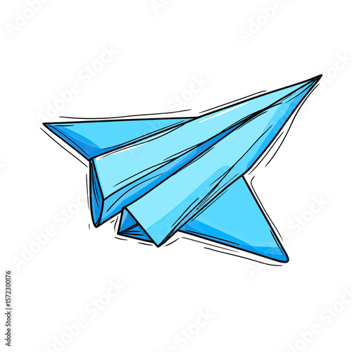 Blue paper airplane doodle sketch vector illustration of simple origami paper plane with hand-drawn outline style on white background