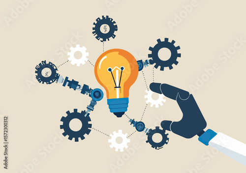 Robotic hand assembling interconnected gears with glowing light bulb symbolizing innovation automation technology concept flat vector illustration