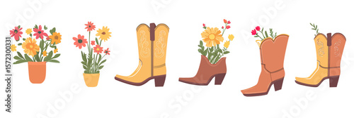 Cowboy boots with decorative flower bouquets in pots and spring floral design flat minimalist vector icons set of western style women's fashion footwear and garden plants