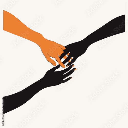 Two black and one orange female hands touching and holding each other fingertips isolated on white background minimalist flat vector design symbolizing unity connection support and diversity