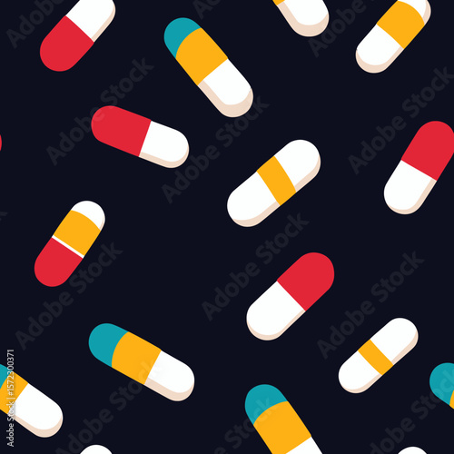 Seamless pattern of colorful medical capsules and pills in flat minimalist style on dark background for healthcare and pharmaceutical design