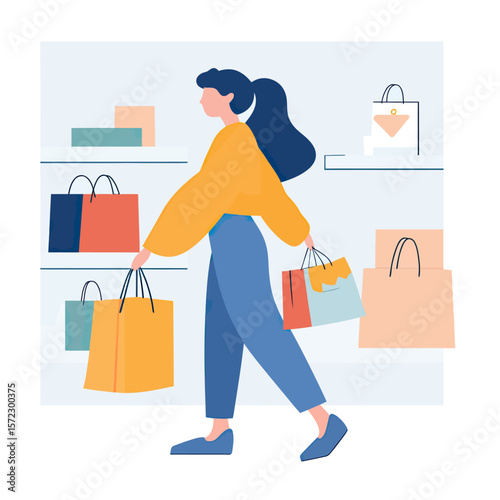 Young woman walking indoors carrying multiple colorful shopping bags with shelves and packages in flat minimalist style vector illustration