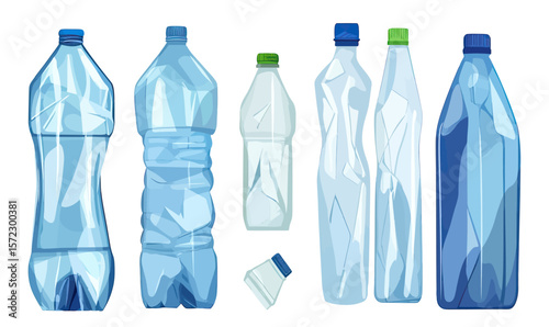 Set of crumpled plastic water bottles in various sizes and shapes with caps in different colors isolated on white background for recycling and environmental waste concepts vector illustration
