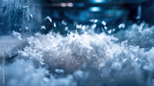 Macro view of white shredded plastic flakes flying in a blue-toned recycling facility, ideal for waste processing visuals, circular economy themes, and sustainable materials concepts