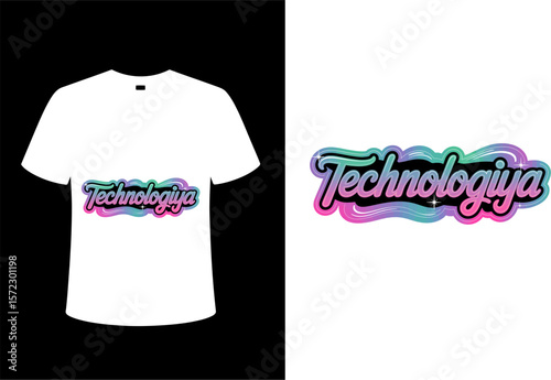 T shirt design mockup featuring the word technologiya in colorful text on a white shirt and separate text