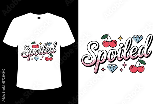 A white t shirt with the word spoiled in a fancy font with cherries and diamonds graphic design print
