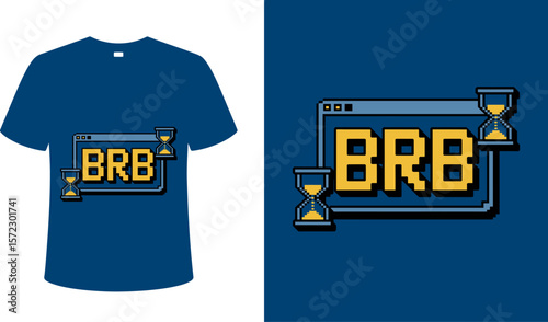 A blue t shirt with a pixelated brb design featuring hourglasses and a window like frame around the text