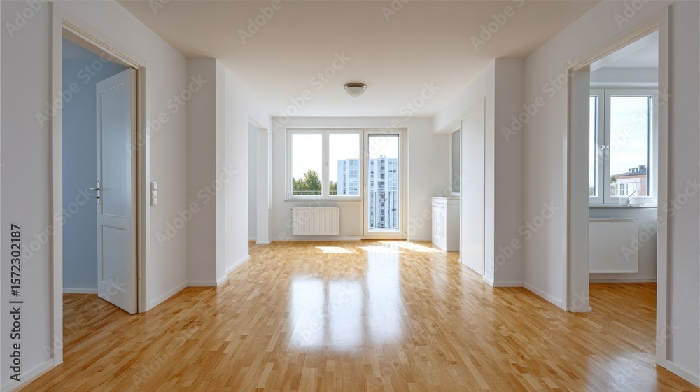 Obraz premium Spacious modern apartment with hardwood floors and natural light