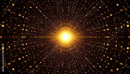 Golden particles radiate from a central light source on a dark background