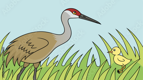 Beautiful wildlife, a grey crowned crane with long beak and feathers, standing in the water near the lake