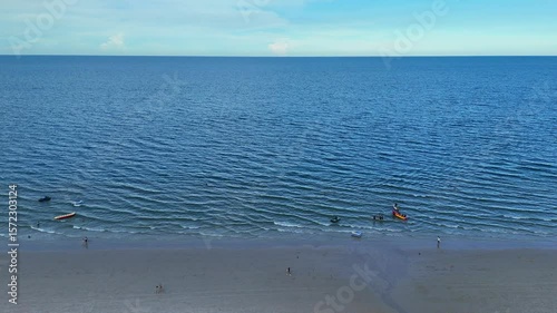 Top down view of kayak near beach and shallow sea