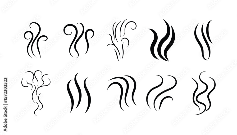 Fototapeta premium Smoke steam icon vector logo set. Smoke smell, steam aroma heat icon illustration. Hot vapor fire doodle line logo. Hit stink, coffee, fragrance flame elements. Vector illustration.