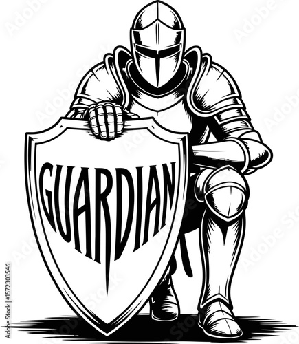 A black and white drawing of a knight in armor kneeling and holding a shield with the word guardian