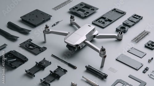 Disassembled modern drone with electronic parts and structural components neatly laid out on grey background ideal for UAV engineering, repair tutorials and tech disassembly visuals