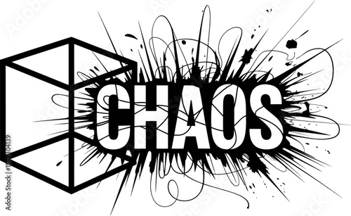 A monochrome graphic featuring a cube and the word chaos surrounded by abstract ink splatters and lines