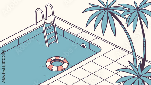 Resort hotel swimming pool with cruise ship vector illustration in the ocean