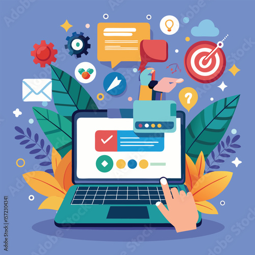 Digital marketing strategy with laptop gears chat and target icon silhouette